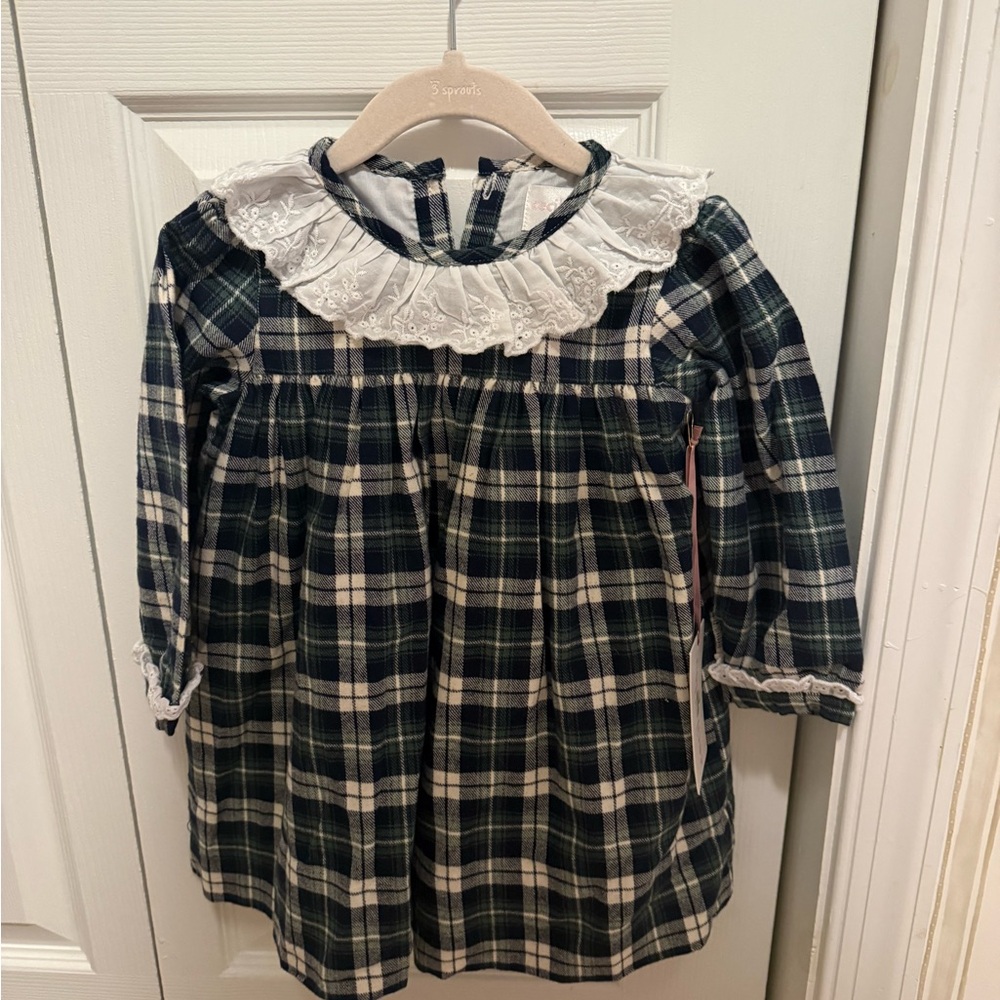 Charming Green Plaid Kids Dress with White Collar